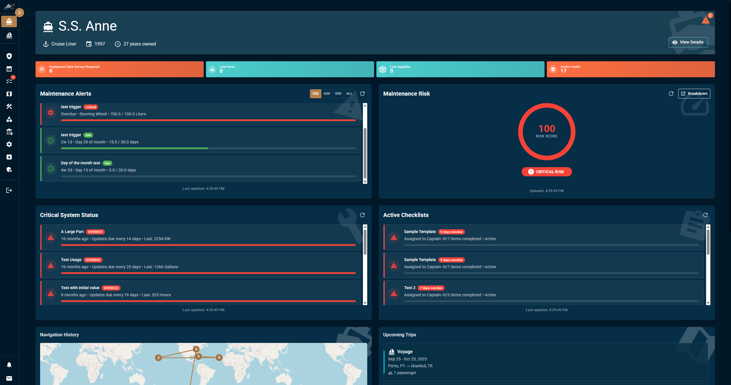 ZeaFarer dashboard interface showing vessel management, compliance tracking, and operational metrics