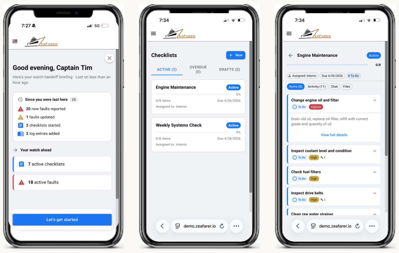 Three ZeaFarer mobile app screens: a captain's watch handoff briefing, the checklists list, and an engine maintenance task with step-by-step subtasks