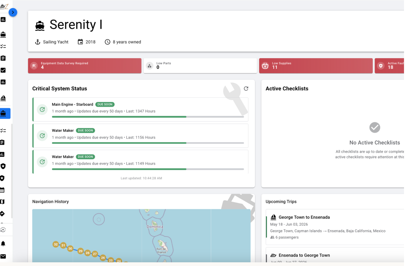 ZeaFarer owner dashboard for the yacht Serenity I showing critical system status, a navigation history map, and upcoming trips