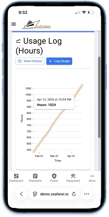 The ZeaFarer mobile app showing an engine usage log charting running hours over several months.